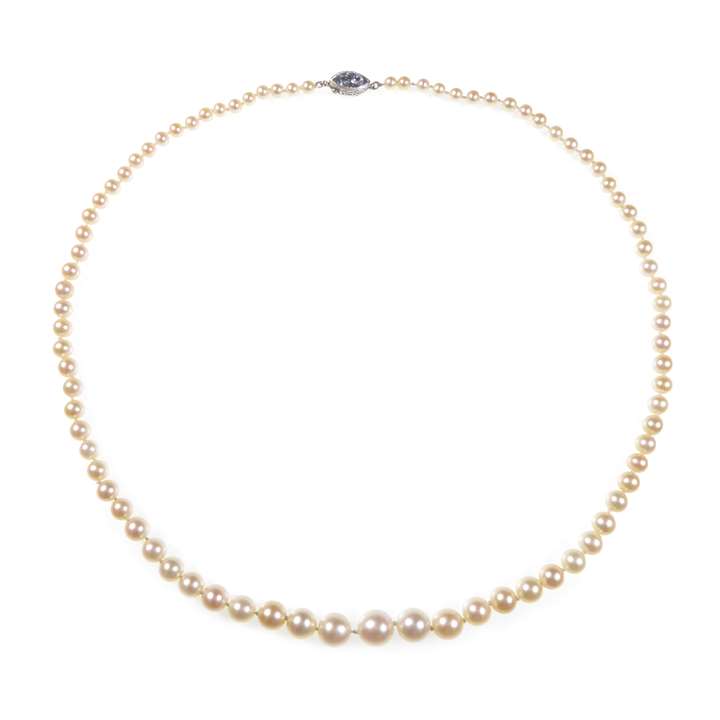 Art Deco graduated natural pearl and fancy intense blue diamond necklace
